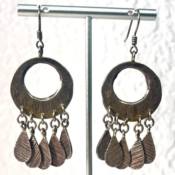 Bohemian Style 3" Dangle Earrings Teardrop Textured Charms Ornate Circular Desig - Picture 7 of 8
